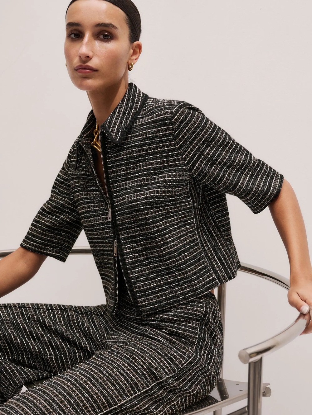 ME+EM Black and White Striped Tweed Zip-Front Jacket